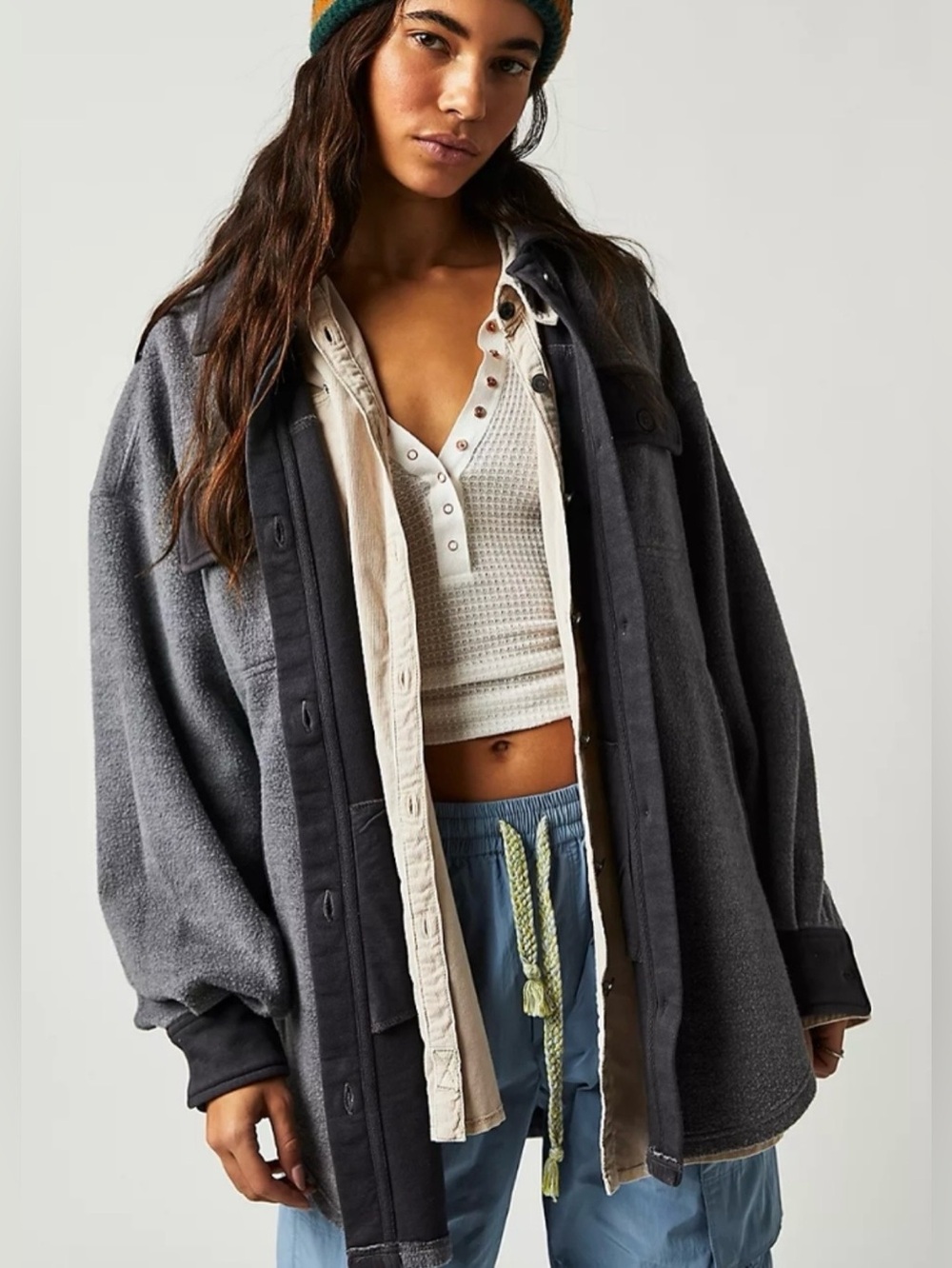 We The Free Layered Button-Front Overshirt in Charcoal and Cream